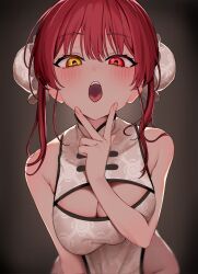  1girl bare_shoulders blush breasts china_dress chinese_clothes cleavage double_bun dress groin hair_bun heterochromia highres hikentai0112 hololive houshou_marine long_hair looking_at_viewer open_mouth red_eyes red_hair sleeveless sleeveless_dress solo teeth tongue twintails v virtual_youtuber yellow_eyes 