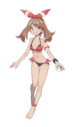 1girl absurdres anklet bare_shoulders barefoot bikini blue_eyes breasts brown_hair collarbone creatures_(company) feet full_body game_freak hairband halterneck highres holding holding_poke_ball jewelry kiritzugu looking_at_viewer may_(pokemon) navel nintendo open_mouth poke_ball poke_ball_(basic) pokemon pokemon_oras simple_background small_breasts smile solo swimsuit toes white_background  rating:Sensitive score:77 user:danbooru