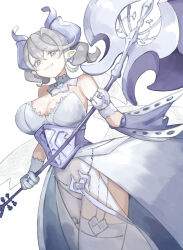  :3 bare_shoulders breasts cowboy_shot demon_girl demon_horns demon_wings dress drill_hair duel_monster earrings garter_straps grey_eyes grey_hair halberd holding holding_polearm holding_weapon horns ishii_(young-moon) jewelry large_breasts leotard lovely_labrynth_of_the_silver_castle low_wings medium_hair multiple_wings pointy_ears polearm see-through see-through_dress simple_background smug strapless strapless_dress thighhighs twin_drills weapon white_background white_dress white_leotard white_thighhighs wings yu-gi-oh! 