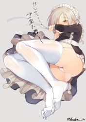 1girl ass azur_lane bad_id bad_pixiv_id black_dress blush brown_eyes covered_mouth dress feet from_below full_body garter_straps grey_background hair_over_one_eye legs light_brown_hair long_sleeves maid maid_headdress no_shoes panties sheffield_(azur_lane) short_hair simple_background soles solo thighhighs translation_request tsuka twitter_username underwear white_panties white_thighhighs rating:Sensitive score:18 user:danbooru