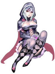  1girl boots breasts capelet claw_(weapon) cleavage drill_hair elbow_gloves flower full_body gloves highres hood knee_boots kumiko_(aleron) kumiko_shiba large_breasts legs_together orb purple_eyes purple_legwear red_eyes rose short_hair silver_hair simple_background sitting solo soul_calibur soulcalibur soulcalibur_v thighhighs twin_drills viola_(soulcalibur) weapon 