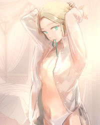  1girl adjusting_hair arms_up bed bedroom blanket blonde_hair breasts cleavage commentary fire_emblem fire_emblem:_three_houses green_eyes green_ribbon highres indoors ingrid_brandl_galatea mouth_hold navel nintendo open_clothes open_shirt panties ribbon ribbon_in_mouth sanami shirt solo standing topless underwear white_panties white_shirt 
