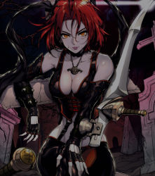  1girl armor bare_shoulders blade bloodrayne bloodrayne_(videogame) breasts cleavage corset dhampir elbow_gloves fingerless_gloves gloves half-human half-undead highres jewelry large_breasts leather leather_armor looking_at_viewer mixed_species necklace official_art outdoors parted_lips red_eyes red_hair short_hair smile solo undead vampire wide_hips  rating:Questionable score:39 user:YoYoMan123