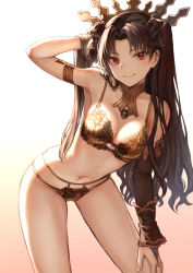 1girl arm_up armlet armpits bare_shoulders black_bow black_hair black_ribbon blush bow bra breasts bridal_gauntlets cleavage collarbone commentary_request detached_collar detached_sleeves earrings fate/grand_order fate_(series) gradient_background hair_bow hair_ribbon hand_in_own_hair highres hip_focus hoop_earrings ishtar_(fate) jewelry leaning_forward long_hair looking_at_viewer mashuu_(neko_no_oyashiro) medium_breasts navel neck_ring panties parted_bangs red_eyes ribbon single_sleeve smile solo thighs tiara two_side_up underwear underwear_only yellow_bra yellow_panties rating:Sensitive score:79 user:danbooru