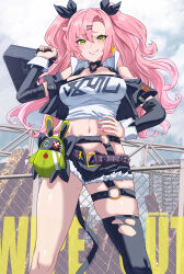  1girl aqua_nails bare_shoulders belt black_belt black_shorts black_thighhighs blush breasts briefcase chain-link_fence cleavage cloud commentary cutoffs earrings feet_out_of_frame fence hair_ornament hairclip hand_on_own_hip hand_up heart heart_earrings highres holding holding_briefcase jewelry large_breasts long_hair long_sleeves looking_at_viewer midriff mole mole_on_breast mole_under_eye nail_polish navel nicole_demara open_fly outdoors pink_hair pink_nails purple_nails short_shorts shorts single_thighhigh smile solo standing stomach strapless thigh_strap thighhighs thighs tube_top two_side_up uenoryoma very_long_hair yellow_eyes zenless_zone_zero 