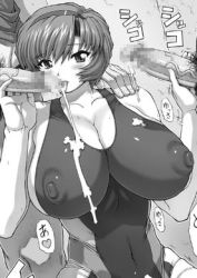  1girl 2boys breasts censored cleavage covered_erect_nipples cum cum_in_mouth cum_on_body cum_on_breasts cum_on_upper_body fellatio handjob hetero huge_breasts japanese_text licking licking_penis lowres mogudan monochrome multiple_boys oral penis short_hair swimsuit  rating:Explicit score:40 user:lmxu12