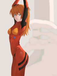  1girl arms_up artist_request ass blue_eyes blush bodysuit breasts brown_hair curvy eva_02 expressionless highres lips long_hair looking_at_viewer neon_genesis_evangelion red_bodysuit shiny_clothes simple_background souryuu_asuka_langley standing thighs two_side_up very_long_hair wide_hips  rating:Sensitive score:6 user:popotepopote