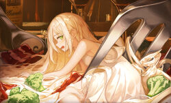  1girl @_@ bacon bare_arms bare_shoulders blonde_hair bottle breasts broccoli commentary_request cup dress drinking_glass food fork green_eyes h2o_(dfo) highres long_hair lying mini_person minigirl on_side original pasta personification sleeveless sleeveless_dress small_breasts solo spoon very_long_hair white_dress wine_bottle wine_glass  rating:Sensitive score:6 user:danbooru