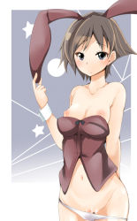 10s 1girl animal_ears arm_behind_back asymmetrical_hair bare_shoulders blue_eyes blush breasts brown_hair rabbit_ears clothes_pull collarbone cowboy_shot groin hiei_(kancolle) kantai_collection kemonomimi_mode looking_at_viewer navel nipples panties panty_pull pussy pussy_juice rabbit_girl shirt_pull short_hair small_breasts solo standing takara_akihito uncensored underwear white_panties wrist_cuffs rating:Explicit score:20 user:danbooru
