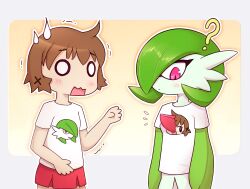 2girls ? ancesra arms_at_sides blank_eyes blush bob_cut border brown_hair character_print closed_mouth clothed_pokemon colored_skin comedic_sweatdrop commission commissioner_upload creatures_(company) crossover dot_mouth female_focus flat_chest game_freak gardevoir gen_3_pokemon gradient_background green_hair green_skin hair_ornament hair_over_one_eye hand_up hidamari_sketch light_blush looking_at_self looking_down meta miniskirt multicolored_skin multiple_girls nervous nintendo notice_lines o_o one_eye_covered open_mouth orange_background outline outside_border pleated_skirt pokemon pokemon_(creature) red_skirt shirt short_hair short_sleeves sidelocks simple_background skirt standing torn_clothes torn_shirt transparent_border trembling two-tone_skin upper_body wavy_mouth white_eyes white_shirt white_skin x_hair_ornament yuno_(hidamari_sketch)