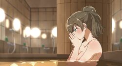  1girl aqua_eyes bathing blush breasts brown_hair cleavage collarbone commentary_request covering_own_mouth fuyuhino half_updo hibike!_euphonium highres indoors kuroe_mayu nude own_hands_together partially_submerged short_hair solo wet 