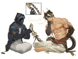  2boys abs arknights bara barefoot black_coat black_gloves black_hair black_horns blonde_hair brown_eyes brown_hair chinese_commentary chong_yue_(arknights) coat colored_extremities commentary_request commission doctor_(arknights) dragon_boy dragon_horns dragon_tail earrings gloves hand_on_own_face hand_up hands_up highres holding_another&#039;s_tail hood hood_up hooded_coat horns indian_style jewelry long_hair long_tail looking_at_another low_ponytail male_doctor_(arknights) male_focus mask multicolored_hair multiple_boys muscular muscular_male muyu_(muyu824127) nipples open_clothes open_coat open_mouth pants pointy_ears puff_of_air seiza simple_background sitting streaked_hair sweat tail topless_male white_background white_pants 