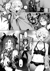  ! 1boy 1girl 6sukeb bare_shoulders blush boots breasts cape chest_jewel comic crossdressing crying demon_girl demon_horns elbow_gloves finger_to_mouth forehead_jewel gem gloves heart heart-shaped_pupils highres horns jewelry kanji long_hair medium_breasts monochrome nervous nipples nose_blush original ribbon ribbon-trimmed_underwear ribbon_trim short_hair sitting speech_bubble surprised symbol-shaped_pupils tears thigh_boots thighhighs throne tight_clothes tongue tongue_out translation_request trap underwear very_long_hair 