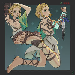  absurdres archaic_set_(zelda) blonde_hair earrings feet green_eyes highres jewelry master_sword mohoshadream nintendo nipples one_breast_out pointy_ears princess_zelda short_hair the_legend_of_zelda the_legend_of_zelda:_tears_of_the_kingdom toes  rating:Questionable score:56 user:Cancerouscrab