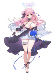  1girl alternate_costume angel_wings areola_slip ash_(cat7evy) black_dress black_footwear blue_archive blue_flower blue_rose blush bouquet breasts collarbone dress feathered_wings flower full_body hair_bun halo highres holding holding_bouquet large_breasts long_hair looking_at_viewer mika_(blue_archive) open_mouth petals pink_hair pink_halo rose shoes signature single_side_bun smile solo white_wings wings yellow_eyes 