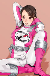  1girl armpits arms_up belt blush bodysuit boots breasts brown_hair feet full_body gloves gogo_sentai_boukenger highres holster large_breasts legs long_hair looking_at_viewer nishihori_sakura parted_lips pink_footwear pink_gloves puffy_nipples red_eyes sakuradou serious simple_background sitting solo spread_legs super_sentai thighs 