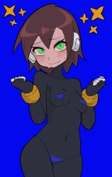  1girl absurdres aile_(mega_man_zx) black_bodysuit blue_background blue_panties blush bodysuit breasts brown_hair buzzlyears covered_collarbone covered_navel cowboy_shot green_eyes heart_pasties highres mega_man_(series) mega_man_zx nervous_smile no_pants panties pasties robot_ears short_hair simple_background small_breasts smile solo star_(symbol) sweat tears underwear variant_set 