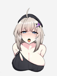 1girl :o aa-12_(girls&#039;_frontline) ahoge asymmetrical_clothes bare_shoulders black_headwear blue_eyes blush breasts bright_pupils candy cleavage collarbone cropped_torso food girls&#039;_frontline grey_background grey_hair hair_ornament kumasteam large_breasts looking_at_viewer nose_blush open_mouth saliva shirt sidelocks simple_background single-shoulder_shirt single_strap solo star_(symbol) star_hair_ornament tongue tongue_out rating:Sensitive score:118 user:danbooru