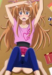  10s anus arms_up blue_eyes blush book brown_hair censored clothes_lift embarrassed eraser hair_ribbon highres houjou_hibiki krc630 long_hair lying open_mouth peeing peeing_self pencil precure pussy pussy_juice ribbon skirt skirt_lift spread_legs suite_precure surprised sweat table tears twintails undressing  rating:Explicit score:23 user:chpez