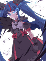  1girl absurdres armor aura black_wings blue_cape blue_eyes blue_hair bow brooch cape closed_mouth commentary cure_sky cut_bangs dark_aura dark_cure_sky dark_persona detached_sleeves dress dress_bow earrings feathered_wings frilled_dress frills frown gloves glowing glowing_eyes grey_dress grey_gloves highres hirogaru_sky!_precure jewelry long_hair looking_at_viewer magical_girl medium_dress multicolored_hair nuanko pauldrons precure puffy_detached_sleeves puffy_sleeves red_bow red_dress red_hair shoulder_armor single_pauldron single_sidelock single_wing slit_pupils solo sora_harewataru spiked_pauldrons standing streaked_hair torn_cape torn_clothes twintails two-tone_dress white_background wing_brooch wing_hair_ornament wings 