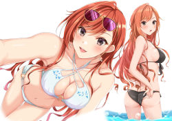 1girl :d :o adjusting_clothes ahoge arisugawa_natsuha arm_up armpits ass back bare_arms bare_shoulders bikini black_bikini blush breasts brown_eyes bug butt_crack butterfly cleavage collarbone commentary_request eyewear_on_head from_behind glint highres idolmaster idolmaster_shiny_colors insect leaning_forward looking_at_viewer looking_back medium_breasts multiple_views navel o-ring o-ring_bikini open_mouth outstretched_arm purple-tinted_eyewear reaching reaching_towards_viewer red_hair round_teeth selfie sideboob simple_background skindentation smile stomach striped_bikini striped_clothes sunglasses sunglasses_on_head swept_bangs swimsuit teeth thigh_gap tinted_eyewear upper_teeth_only vertical-striped_bikini vertical-striped_clothes wading water white_background white_bikini yellow-tinted_eyewear yuzuyu_(hyui) rating:Sensitive score:13 user:danbooru