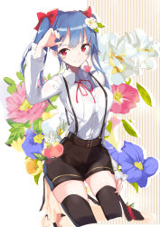 1girl alternate_breast_size alternate_costume alternate_hairstyle black_shorts black_thighhighs blue_hair bow breast_press floral_background hair_bow hinanawi_tenshi looking_at_viewer red_eyes shirt shorts smile solo suspender_shorts suspenders tetsurou_(fe+) thighhighs thighs touhou twintails white_shirt rating:Sensitive score:10 user:danbooru