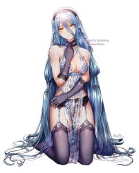 1girl alexandrite_(gemstone) alternate_costume artist_name artoria_pendragon_(fate) artoria_pendragon_(lancer_alter)_(fate) artoria_pendragon_(lancer_alter)_(cosplay) azura_(fire_emblem) babydoll bare_shoulders black_gloves blue_babydoll blue_hair bracelet breasts choker cleavage closed_mouth commentary cosplay english_commentary fate/grand_order fate_(series) fire_emblem fire_emblem_fates fire_emblem_heroes garter_belt garter_straps gloves hair_between_eyes hand_on_own_chest jewelry kneeling lace large_breasts lingerie long_hair looking_at_viewer medium_breasts necklace nintendo panties revealing_clothes royal_icing see-through_clothes snowflake_print solo thighhighs underwear veil very_long_hair wani_(fadgrith) yellow_eyes rating:Sensitive score:8 user:danbooru