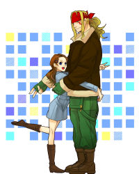  1boy 1girl age_difference alex_(street_fighter) bad_id bad_pixiv_id blonde_hair bomber_jacket boots brown_hair capcom facial_tattoo frogcage hair_ornament hairclip headband height_difference hug jacket leg_lift long_hair overalls patricia_(street_fighter) ponytail raincoat smile street_fighter street_fighter_iii_(series) tattoo 