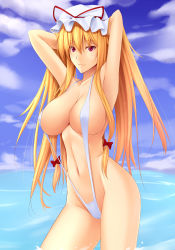  1girl akitsuki_karasu armpits arms_behind_head arms_up bad_id bad_pixiv_id blonde_hair bow breasts cloud commentary_request cowboy_shot day female_focus hair_bow hat large_breasts linea_alba long_hair medium_breasts mob_cap navel ocean one-piece_swimsuit outdoors pink_eyes red_bow revealing_clothes sky slingshot_swimsuit solo standing strap_gap swimsuit touhou wading water white_one-piece_swimsuit white_slingshot_swimsuit yakumo_yukari  rating:Questionable score:44 user:danbooru