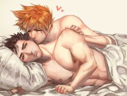  2boys abs bed bed_sheet biceps bitaro blanket brown_eyes brown_hair couple creatures_(company) deltoids eye_contact game_freak green_(pokemon) hand_on_another&#039;s_shoulder hand_on_shoulder heart kiss looking_at_another lying male_focus multiple_boys muscular muscular_male nintendo nipples on_side orange_hair pectorals pillow pokemon pokemon_sm red_(pokemon) red_(pokemon_sm) short_hair spiked_hair topless topless_male yaoi 