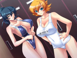 00s 2girls alternate_hairstyle armpits black_hair blonde_hair blue_eyes blue_one-piece_swimsuit blush breasts casual_one-piece_swimsuit center_opening character_name cleavage collarbone covered_erect_nipples covered_navel cowboy_shot dressing dutch_angle flipped_hair game_cg green_eyes groin hair_ribbon hair_up hands_on_own_hips high_ponytail highleg highleg_swimsuit hip_focus huge_breasts igawa_asagi igawa_sakura indoors kagami_hirotaka light_smile lilith-soft locker locker_room long_hair looking_at_viewer multiple_girls name_tag naughty_face one-piece_swimsuit orange_hair ponytail ribbon school_swimsuit shiny_clothes shiny_skin short_hair siblings sideboob single_vertical_stripe sisters smile standing swimsuit taimanin_(series) taimanin_asagi taimanin_murasaki thighs two_side_up unzipped white_one-piece_swimsuit white_school_swimsuit zipper rating:Questionable score:162 user:danbooru