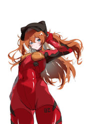  1girl artist_request baseball_cap blue_eyes bodysuit breasts brown_hair covered_navel curvy evangelion:_3.0_you_can_(not)_redo hair_ornament hairpods hat interface_headset long_hair looking_at_viewer medium_breasts neon_genesis_evangelion plugsuit rebuild_of_evangelion red_bodysuit shiny_clothes simple_background skin_tight solo souryuu_asuka_langley tsundere twintails white_background wide_hips  rating:Sensitive score:5 user:fakyuh