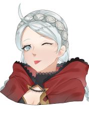  1girl absurdres ahoge blue_eyes braid buttons capelet choker commission commissioner_upload fire_emblem fire_emblem_fates hairband highres hood hood_down hooded_capelet looking_at_viewer low_twintails nina_(fire_emblem) nintendo non-web_source one_eye_closed parted_bangs portrait red_hood tongue tongue_out turtleneck twin_braids twintails white_hair white_hairband yog09  rating:General score:2 user:danbooru