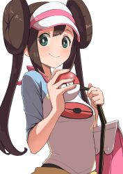  1girl bag blue_sleeves blush breasts brown_hair closed_mouth collarbone commentary creatures_(company) double_bun game_freak green_eyes hair_bun highres holding holding_poke_ball long_hair looking_at_viewer neko_(hansinn) nintendo poke_ball poke_ball_print pokemon pokemon_bw2 print_shirt raglan_sleeves rosa_(pokemon) shirt simple_background small_breasts smile solo twintails upper_body visor_cap white_background white_shirt 