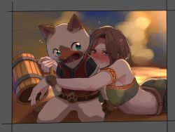  1boy 1girl 1other armlet ass bare_shoulders beer_mug blush brown_hair character_request claws cup drunk fangs felyne flying_sweatdrops highres hug hug_from_behind looking_at_another lying monster_hunter_(series) monster_hunter:_world mug on_stomach open_mouth short_hair smile sweatdrop tagme user_kuaj4458  rating:Sensitive score:11 user:danbooru