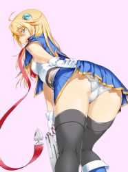  1girl 212_(kisaragi) ahoge arc_system_works ass bad_id bad_pixiv_id bent_over black_thighhighs blazblue blazblue:_chronophantasma blonde_hair blue_eyes blue_skirt clothes_lift female_focus from_behind gloves gun highres holding kneepits leaning_forward legs lifted_by_self long_hair looking_at_viewer looking_back noel_vermillion panties pink_background profile shiny_skin simple_background skirt skirt_lift solo standing thighhighs thighs underwear upskirt weapon white_gloves white_panties  rating:Questionable score:196 user:danbooru