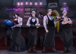  1girl 4boys absurdres black_eyes black_hair blue_eyes brothers cane capcom capcom_cafe cookie cup dante_(devil_may_cry) devil_breaker devil_may_cry_(series) devil_may_cry_5 dual_persona father_and_son food green_eyes grey_eyes griffon_(devil_may_cry_5) highres holding holding_cane holding_menu holding_plate menu multiple_boys neon_lights nero_(devil_may_cry) nico_(devil_may_cry) official_art plate red_wine shadow_(devil_may_cry_5) siblings tavern uncle_and_nephew v_(devil_may_cry) vergil_(devil_may_cry) waiter white_hair 