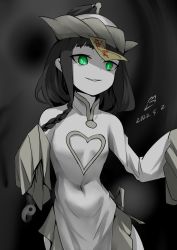  1girl artist_request black_hair breasts bright_pupils chest_cutout chinese_clothes covered_navel dated fantasy glowing glowing_eyes green_eyes grey_theme jiangshi long_hair niang-niang ofuda small_breasts smile solo tagme toaru_majutsu_no_index toaru_majutsu_no_index:_new_testament undead upper_body very_long_sleeves wide_sleeves  rating:Sensitive score:3 user:Tatinga