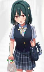  1girl absurdres bag black_vest blue_bag blue_shirt blue_skirt blush collared_shirt commentary english_commentary fang furrowed_brow green_hair hair_between_eyes hair_ribbon highres holding holding_bag looking_at_viewer love_live! love_live!_nijigasaki_high_school_idol_club mifune_shioriko neck_ribbon nijigasaki_school_uniform open_mouth plaid plaid_skirt pleated_skirt ribbon school_bag school_uniform shirt shopping_bag short_hair short_sleeves signature skin_fang skirt solo standing summer_uniform upper_body vest whin white_background yellow_ribbon 