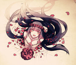  1girl :d black_hair blunt_bangs blush breasts cleavage dress female_focus flower from_above hair_flower hair_ornament head_wreath hyuuga_hinata littlebutsmall long_hair looking_at_viewer looking_up naruto naruto_(series) open_mouth smile solo very_long_hair wedding_dress  rating:Sensitive score:26 user:zikkf