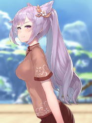  &gt;:) 1girl bangs blush breasts brown_shirt brown_skirt chinese_clothes cowboy_shot earrings eyelashes from_side genshin_impact hair_cones hair_ornament highres jewelry keqing_(genshin_impact) long_hair looking_at_viewer looking_to_the_side medium_breasts pleated_skirt purple_hair shirt skirt smile solo tangzhuang v-shaped_eyebrows yu_mochi_(kamiinu) 