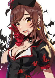  1girl absurdres bat_(animal) bat_necklace black_bra black_choker black_headwear black_shirt blood blood_from_mouth blush bra breasts brown_hair choker cleavage collarbone cup earrings gloves hair_ornament hairclip hand_up heart heart_earrings heart_o-ring highres idolmaster idolmaster_shiny_colors jewelry kurokin long_hair looking_at_viewer medium_breasts open_mouth osaki_amana pink_blood puffy_short_sleeves puffy_sleeves red_gloves shirt short_sleeves simple_background smile solo swept_bangs teeth two-tone_background underwear upper_body upper_teeth_only v white_background yellow_eyes 