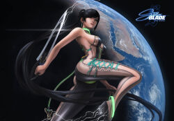  1girl ass black_hair bodysuit breasts brown_eyes captdiablo commentary earrings earth_(planet) english_commentary eve_(stellar_blade) highres holding holding_sword holding_weapon jewelry large_breasts lightning lips long_hair looking_to_the_side nose planet ponytail prototype_planet_diving_suit_(stellar_blade) sideboob skin_suit_(stellar_blade) skin_tight solo space stellar_blade swept_bangs sword tail thighs very_long_hair weapon 
