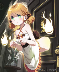  10s 1girl bad_id bad_pixiv_id blonde_hair blush bottomless door flower ghost green_eyes hitodama len_(a-7) looking_at_viewer painting_(object) shingeki_no_bahamut smile solo table through_wall vase  rating:Sensitive score:41 user:danbooru