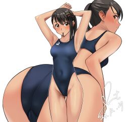  1girl ass black_hair blush brown_eyes commission competition_swimsuit covered_navel dated hair_ornament hair_tie hair_tie_in_mouth highleg highleg_swimsuit highres iwato_suzume looking_at_viewer mouth_hold one-piece_swimsuit pixiv_commission ponytail signature simple_background solo suzume_no_tojimari swimsuit thigh_gap yoo_tenchi  rating:Sensitive score:37 user:danbooru