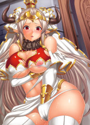 10s 1girl aliza_(granblue_fantasy) blush bracer breast_hold breasts cleavage cleavage_cutout clothing_cutout crown draph earrings female_focus female_masturbation granblue_fantasy hand_in_panties headpiece horns inverted_nipples jewelry large_breasts loincloth long_hair masturbation mini_crown nipples panties parted_lips pointy_ears pussy_juice red_eyes silver_hair solo somejima sweat thighhighs torn_clothes underwear very_long_hair white_panties white_thighhighs rating:Explicit score:34 user:danbooru