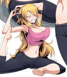 1girl alternate_costume armpits barefoot blonde_hair blush breasts cleavage clenched_teeth collage commentary_request constricted_pupils creatures_(company) cropped cynthia_(pokemon) exercising fang feet flexible game_freak grey_eyes gym hair_over_one_eye large_breasts long_hair midriff navel nintendo nose_blush on_floor outline pants pink_sports_bra pokemon pokemon_dppt shimure_(460) sitting soles solo sports_bra standing stretching struggling sweat teeth toes trembling very_long_hair yoga_pants rating:Sensitive score:80 user:danbooru