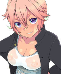  1girl bad_id bad_pixiv_id blouse blush breasts eroe eyebrows female_focus from_above gakuran game_cg large_breasts looking_at_viewer nipples open_clothes open_shirt original pink_hair purple_eyes school_uniform see-through shirt short_hair simple_background smile solo uniform wet wet_clothes wet_shirt white_background white_shirt  rating:Questionable score:25 user:creck