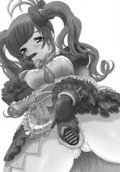  1girl ass bar_censor blush bracelet censored clitoral_hood clitoris dress erect_clitoris exhibitionism eyelashes finger_in_own_mouth finger_to_mouth frilled_dress frilled_skirt frilled_sleeves frills from_below gloves gluteal_fold gothic_lolita gracia_hosokawa hair_ornament hair_ribbon hosokawa_gracia jewelry legs_apart lips lolita_fashion long_hair looking_at_viewer looking_down monochrome neck_ribbon nipples nipples_through_clothes no_panties obi parted_bangs parted_lips pervert pinky_to_mouth presenting presenting_pussy public_indecency puffy_sleeves pussy pussy_juice pussy_peek ribbon sash sengoku_musou shiny_skin skirt solo spread_legs spread_pussy sweat swept_bangs tassel thick_thighs thighs twintails  rating:Explicit score:7 user:AdmirableClick