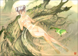 1girl :3 ariverkao barefoot black_eyes black_hair breasts covering_privates covering_breasts double_bun forest large_breasts legs lying nature nude nude_cover original pussy solo uncensored water rating:Explicit score:21 user:danbooru